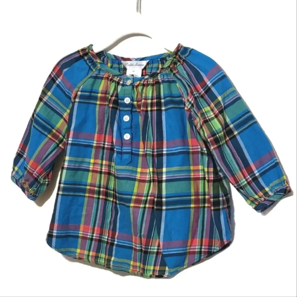 Ralph Lauren Baby Girl Madres Plaid Smock Blue and Green Top Size 6 Months